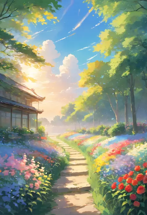  A masterpiece of the highest quality, this ultra-detailed scene captures a serene sky with white clouds, a colorful flower field, and vibrant flowers that symbolize prosperity and  of expression. The artwork features favorite flowers such as roses, tulips...