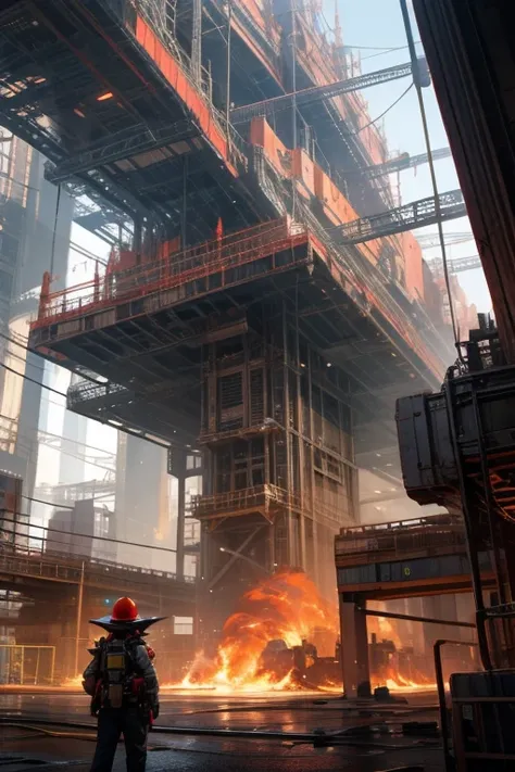 A complex fire structure in a futuristic city
