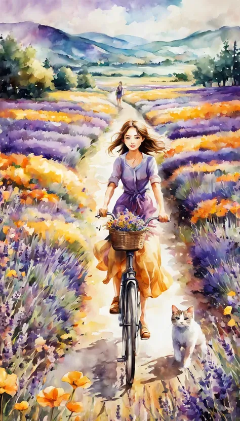 sea of flowers/Sea of flowers/sea of flowers.Lavender fields blown by the wind.spring field scenery.Close-up of beautiful girl riding bicycle with cat.Followed by a puppy.watercolor、Splash technology recreates the mud atmosphere in wet environments、unique ...