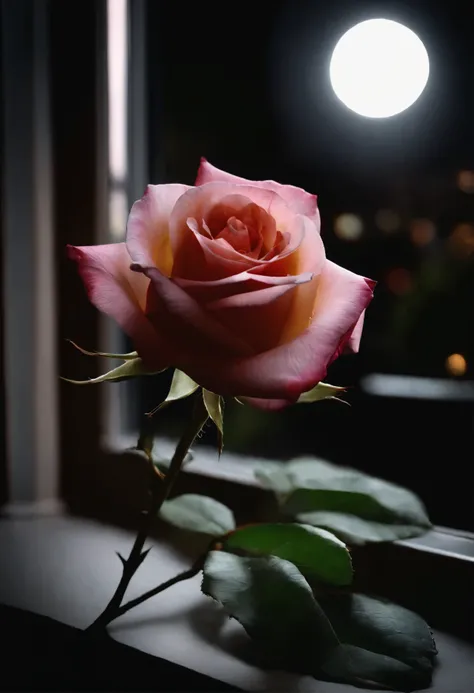 Rose 1, White light ,night ,window, moon , Low brightness 