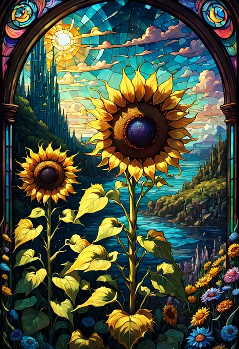 sea of flowers, aesthetic, Stained glass sunflowers, Dan Mumford, Cyril Rolando, MW Kaluta, Louis Comfort Tiffany, Dale Chihuly, hyper-detailed, hyperrealistic, digital landscape art, 8k resolution, beautiful colors, tarot card, awe, sunflowers made of sta...