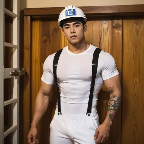 (masterpiece), best quality, expressive eyes, perfect face, 1 boy, 17 years old, maxican Muscular guy, bodybuilder,with tattoo, white tshirt, pants, suspenders, helmet, firemenoutfit, <lora:Clothing_-_Sexy_Firemen_Outfit:0.7,