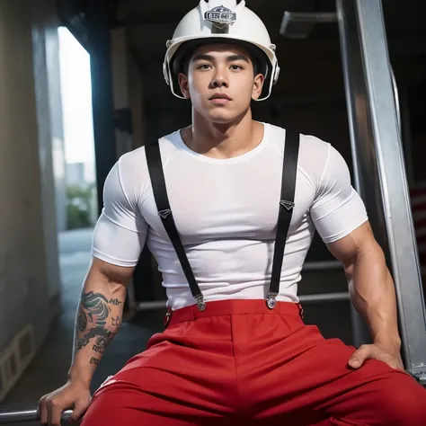 (masterpiece), best quality, expressive eyes, perfect face, 1 boy, 17 years old, maxican Muscular guy, bodybuilder,with tattoo, white tshirt, pants, suspenders, helmet, firemenoutfit, <lora:Clothing_-_Sexy_Firemen_Outfit:0.7,