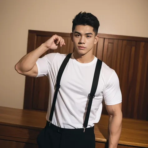 (masterpiece), best quality, expressive eyes, perfect face, 1 boy, 17 years old, maxican Muscular guy, bodybuilder,with tattoo, white tshirt, pants, suspenders, helmet, firemenoutfit, <lora:Clothing_-_Sexy_Firemen_Outfit:0.7,