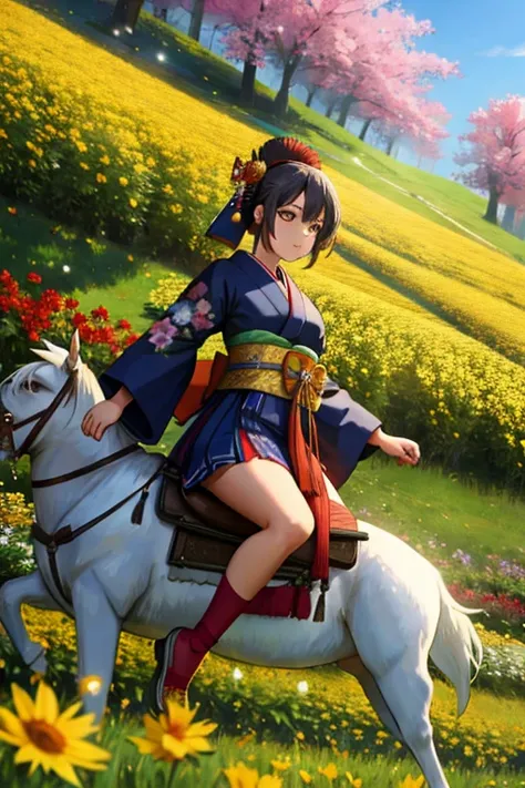 high resolution,masterpiece,best quality,1girl,samurai,kimono,horce,riding horce,,sunny,field,flower garden