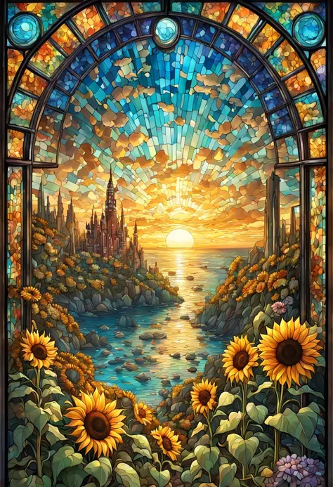 sea of flowers, aesthetic, Stained glass sunflowers, Dan Mumford, Cyril Rolando, MW Kaluta, Louis Comfort Tiffany, Dale Chihuly, hyper-detailed, hyperrealistic, digital landscape art, 8k resolution, beautiful colors, tarot card, awe, sunflowers made of sta...