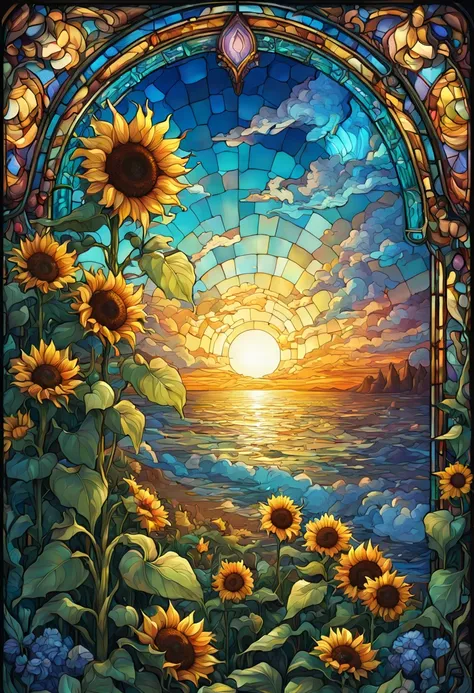 sea of flowers, aesthetic, Stained glass sunflowers, Dan Mumford, Cyril Rolando, MW Kaluta, Louis Comfort Tiffany, Dale Chihuly, hyper-detailed, hyperrealistic, digital landscape art, 8k resolution, beautiful colors, tarot card, awe, sunflowers made of sta...