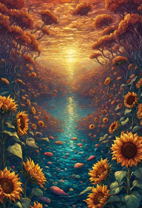 sea of flowers, aesthetic, Stained glass sunflowers, Dan Mumford, Cyril Rolando, MW Kaluta, Louis Comfort Tiffany, Dale Chihuly, hyper-detailed, hyperrealistic, digital landscape art, 8k resolution, beautiful colors, tarot card, awe, sunflowers made of sta...