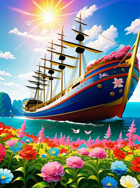 一艘雄伟的船在一片鲜花组成的flowersMedium navigation，(((Only flowers，There is no seawater)))，Bravely driven by the wind(flowers)Medium navigation。The ship is magnificent and sophisticated，The mast is tall，The sails are rolling，Beautifully decorated stern，flag waving on ...