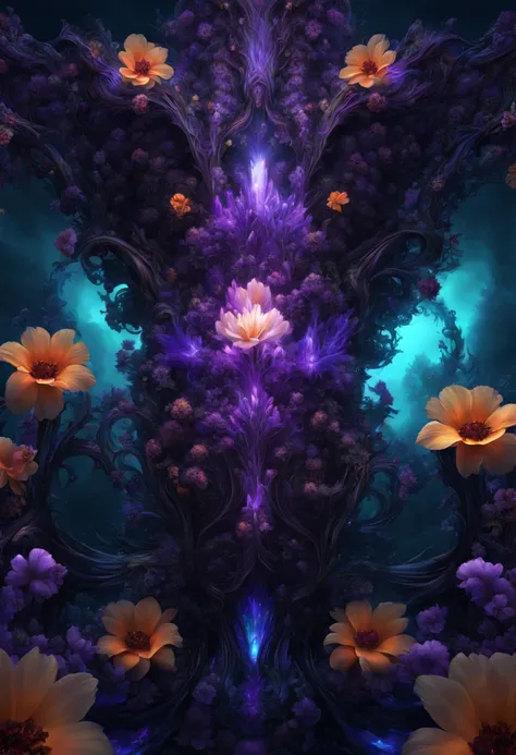 sea of flowers, aesthetic, twisted glass of alien flowers frilled tulips dripping black Purple violets, vines Lava oil slick. LED lights. Scifi, fantastical, hyperdetailed complementary colors, fractal mandelbulb, detailed matte painting, deep color, fanta...