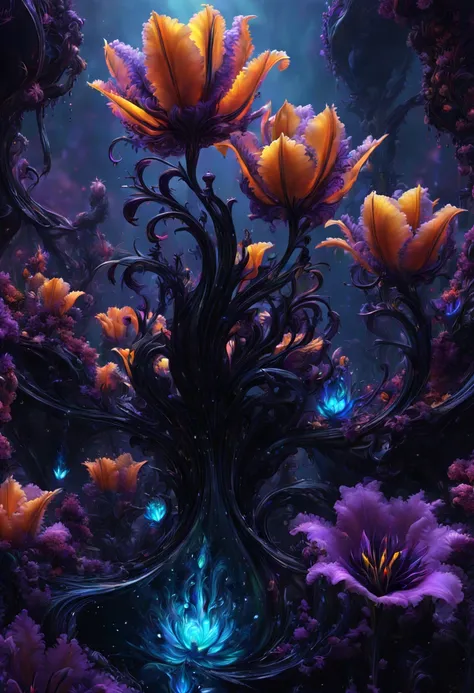 sea of flowers, aesthetic, twisted glass of alien flowers frilled tulips dripping black purple violets, vines lava oil slick. le...