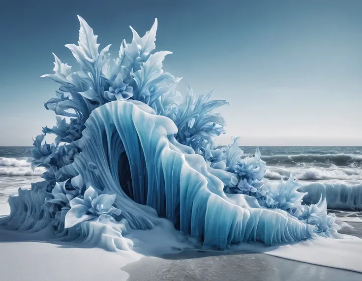 arctic shoreline as hyperrealistic ice sculptures mimicking an array of flowers, sea waves caught in mid-freeze, adopting albert...