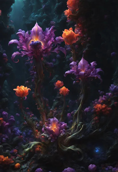 sea of flowers, aesthetic, twisted glass of alien flowers frilled tulips dripping black Purple violets, vines Lava oil slick. LED lights. Scifi, fantastical, hyperdetailed complementary colors, fractal mandelbulb, detailed matte painting, deep color, fanta...