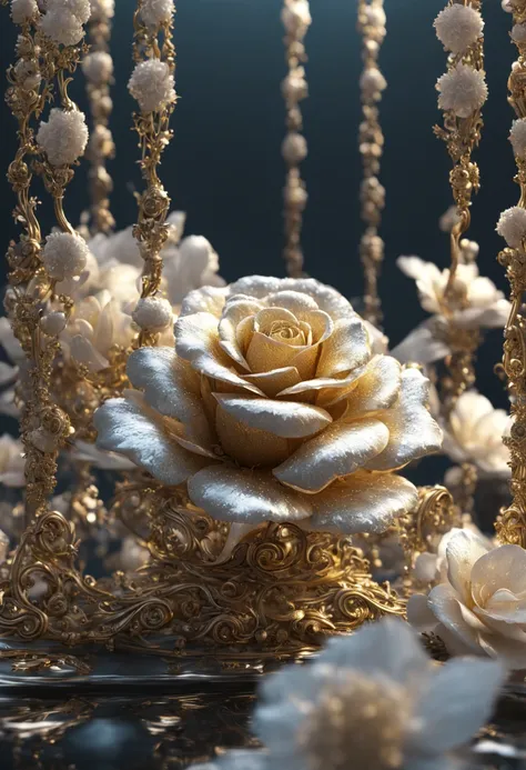 sea of flowers, aesthetic, gold and silver rose flowers with dew drops, hyperdetailed intricate delicate Victorian gold lace eldritch bejeweled carnation covered in, intricate mech details, ground level shot, 8K resolution, Cinema 4D, Behance HD, polished ...