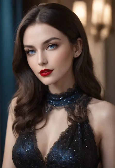 glamorous photo of Photorealism black long wavy shiny hair, blue eyes, red lips, full breasts, thin waist, long shapely legss golden color mini dress in turtleneck dress, walking through a funfare at night, Photorealism, often for highly detailed represent...