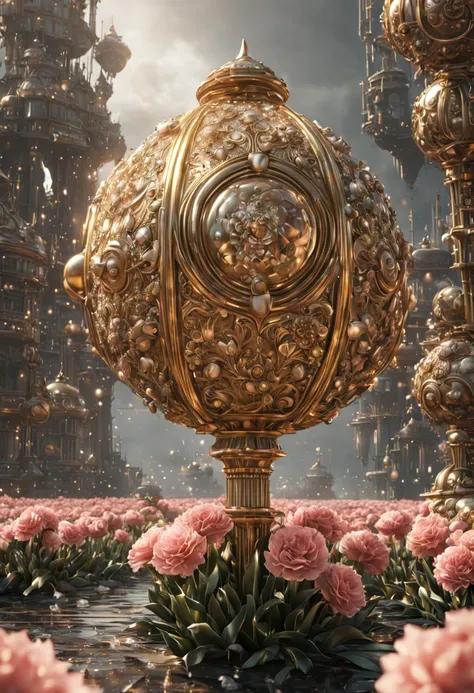 sea of flowers, aesthetic, gold and silver rose flowers with dew drops, hyperdetailed intricate delicate Victorian gold lace eldritch bejeweled carnation covered in, intricate mech details, ground level shot, 8K resolution, Cinema 4D, Behance HD, polished ...