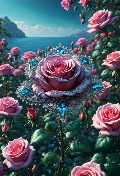 sea of flowers, aesthetic, extremely detailed complex "Shiny Diamond Filigree Rose!!!", a breathtaking epic masterpiece artwork. maximalist highly detailed and intricate professional photography, a_masterpiece, 8k resolution concept_art, Artstation, triadi...