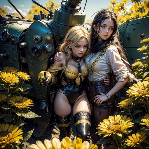 A (classic world war 2 dreadnought with a bumble bee color scheme and a sexy female crew) navigate a sea of flowers (brightly colored, many varieties