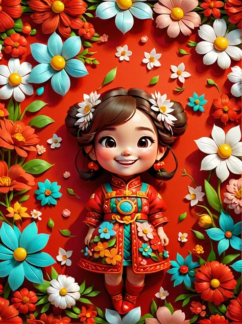 Cute little girl wearing a costume made of flowers lying among flowers，world of flowers，Happy smile，China red，animation aesthetics，furry art，3d cable weave，Seamless full-screen pattern，Exquisite，Warm color scheme，8K，Ultra high detail minimalist background