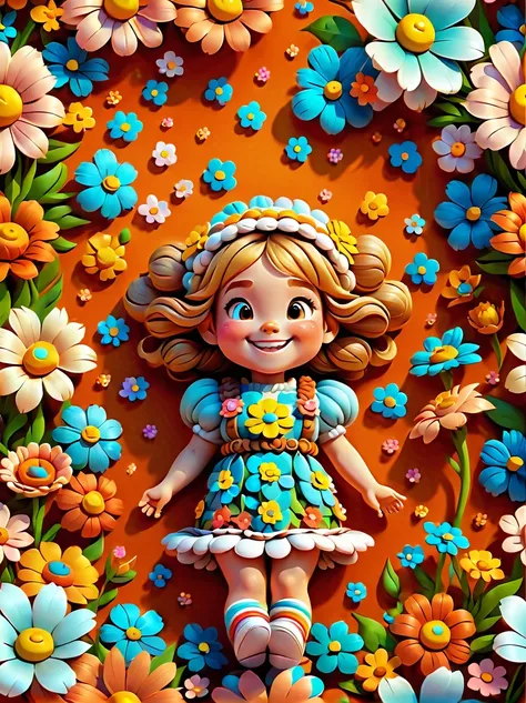 Cute little girl wearing a costume made of flowers lying among the flowers in the clouds，world of flowers，Happy smile，animation aesthetics，furry art，3d cable weave，Seamless full-screen pattern，Exquisite，Warm color scheme，8K，Ultra high detail minimalist bac...