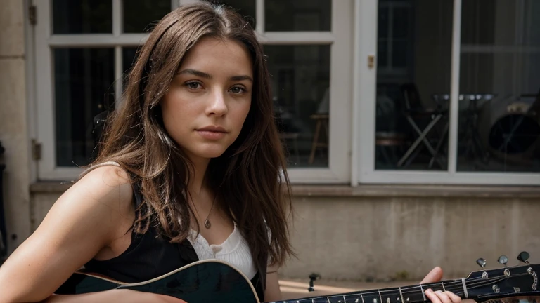 Crée une image dune femme musicienne, avec une guitare ou un piano.