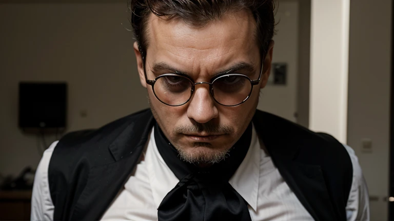 Creates an image of a serious man, avec des lunettes sur le nez et un costume strict.