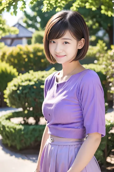 20-year-old girl, short detailed hair, There are pear swirls on the face, Pouting and smiling, Purple skirt, trpical garden, There are houses in the background.