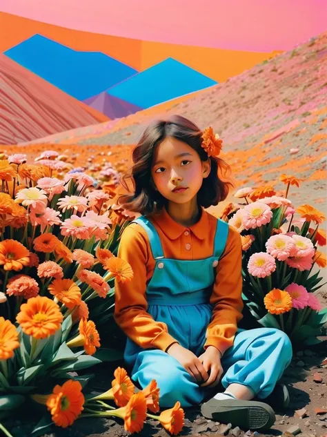 A girl sitting on the ground holding flowers，With a playful postmodernist flair，terrain photography，New American Color Photography，bright orange and sky blue，dark and light pink，vivid、exaggerated scenes，Made from flowers