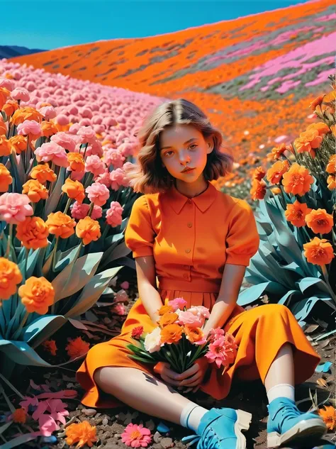 A girl sitting on the ground holding flowers，With a playful postmodernist flair，terrain photography，New American Color Photography，bright orange and sky blue，dark and light pink，vivid、exaggerated scenes，Made from flowers