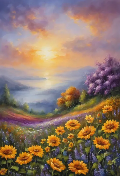  sea of flowers/Sea of flowers/sea of flowers sunflowers.Lavender.Cherry blossoms.Various varieties of roses.A sky full of stars.violet flower.(best quality,4k,8k,high resolution,masterpiece:1.2),Super detailed,(actual,photoactual,photo-actual:1.37),Sea of...