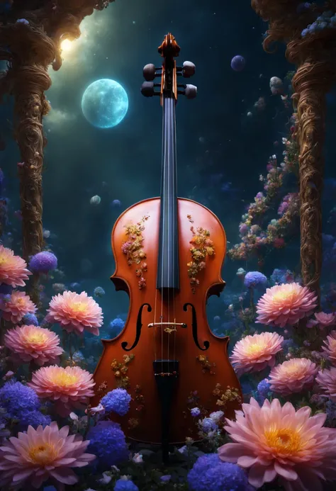 sea of flowers, aesthetic, "old cello covered in celestial cosmic flowers"; detailed matte painting, deep color, fantastical, intricate detail, splash screen, complementary colors, fantasy concept art, 8k resolution trending on artstation Unreal Engine 5