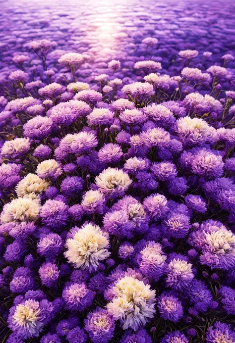 sea of purple cypress flowers(no characters) top view of soft light-colored flowers in a sea of flowers, wide angle depth of fie...