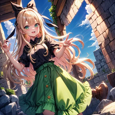 pink blonde、green eyes、one good looking girl、solo、anime、plaid mini skirt、the skirt has buttons、black camisole、black t-shirt、dress、wearing a ribbon、ribbon at waist、cloak、hood、clouds are swirling、stone slabs are piled up、one hand raised、crystal earrings、sun、...