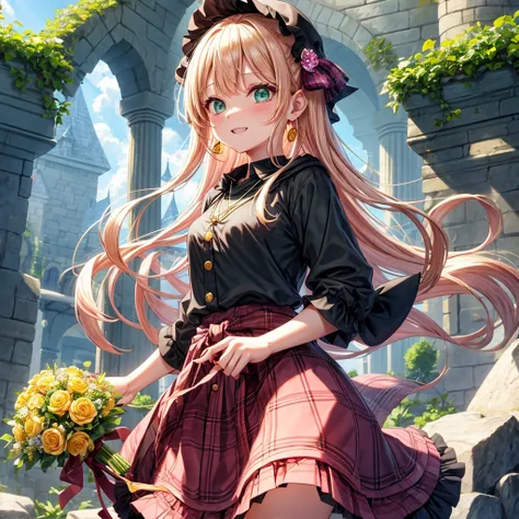 pink blonde、green eyes、one good looking girl、solo、anime、plaid mini skirt、the skirt has buttons、black camisole、black t-shirt、dress、wearing a ribbon、ribbon at waist、cloak、hood、clouds are swirling、stone slabs are piled up、one hand raised、crystal earrings、sun、...