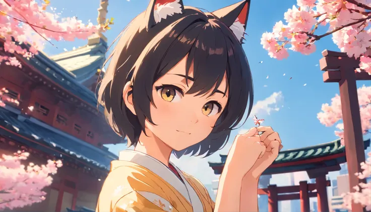 photoRealstic、a boy、Japan shrine in the background、cat ears、 black hair、no people、 kawaii pose 、 ultradetailed eyes、Full Paint、on my right hand, Strong bokeh、Flowers in the foreground