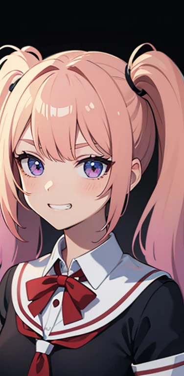 (8K、highest quality、masterpiece:1.2)、Super detailed、super resolution、Realistic、1girl、(pink  blonde hair)、twintails,blue eyes、(face focus:1.3,upper body:1.5),(gradient eyes:1.5),(school uniform:1.3)、(evil grin:1.3),cute face,small breasts,portrait,school gi...