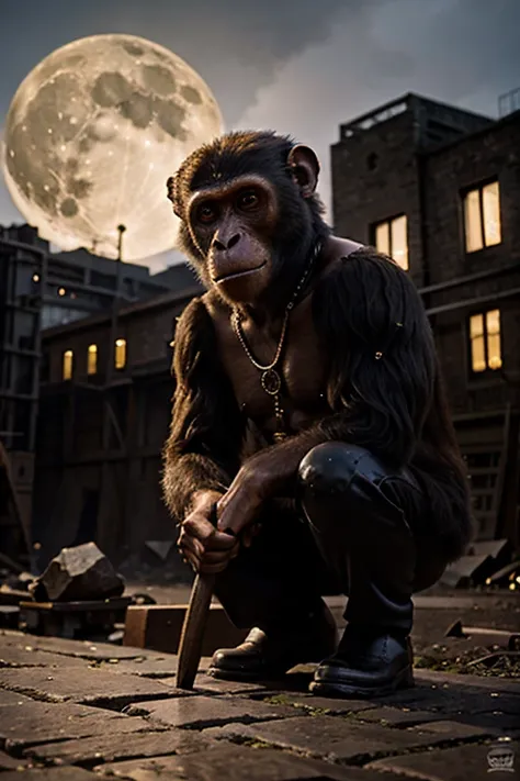 monky with stone axe, Steampunk factory in the background, Full Moon Night