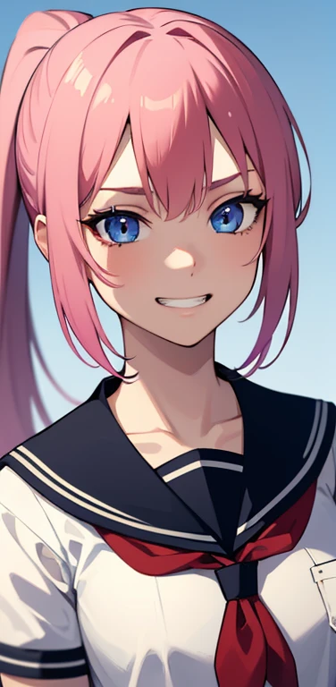 (8K、highest quality、masterpiece:1.2)、Super detailed、super resolution、Realistic、1girl、(pink hair)、ponytail,blue eyes、(face focus:1.3,upper body:1.5),(gradient eyes:1.5),(sailor uniform:1.3)、(evil grin:1.3),cute face,small breasts,school girl,
