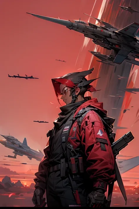 Soldier with gun, many fighter jets flying in background, red sky
