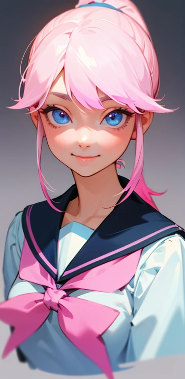 (8K、highest quality、masterpiece:1.2)、Super detailed、super resolution、Realistic、1girl、(light pink hair)、ponytail,blue eyes、(face focus:1.3,upper body:1.5),(gradient eyes:1.5),(sailor uniform:1.3)、(Nasty smile:1.3),cute face,small breasts,school girl,
