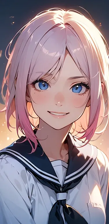 (8K、highest quality、masterpiece:1.2)、Super detailed、super resolution、Realistic、1girl、(light pink gradient hair)、hair over one eye,blue eyes、(face focus:1.3,upper body:1.5),(gradient hair:1.5),(sailor uniform:1.3)、(Nasty smile:1.3),cute face,small breasts,s...