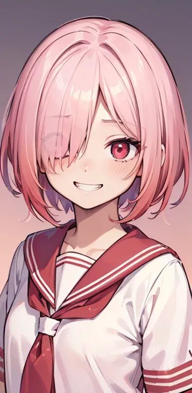 (8K、highest quality、masterpiece:1.2)、Super detailed、super resolution、Realistic、1girl、((light pink　red gradient hair：1.5))、short hair、((hair over one eye:1.5)),RED eyes、(face focus:1.3,upper body),(gradient hair:1.5),(sailor uniform:1.3)、(grin:1.3),cute fac...