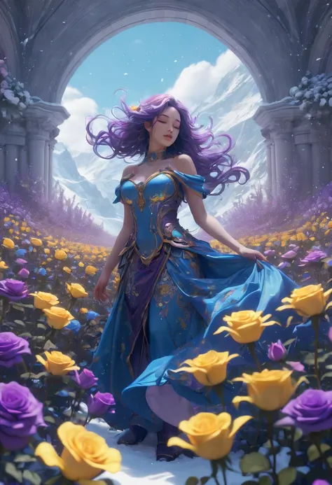 sea of flowers, aesthetic, blue rose blooming in a snowfield a masterpiece, 8k resolution, dark fantasy concept art, by Greg Rutkowski, dynamic lighting, hyperdetailed, intricately detailed, Splash screen art, trending on Artstation, deep color, Unreal Eng...