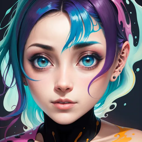 uma mulher com tinta colorida no rosto e no cabelo, gotejamento com cor, arte colorida bonita!, lindo arte digital, Pintura de Arte, Bela arte UHD 4K, retrato abstrato, arte colorida, linda arte digital linda, Arte de Alessandro Pautasso, face submerged in...