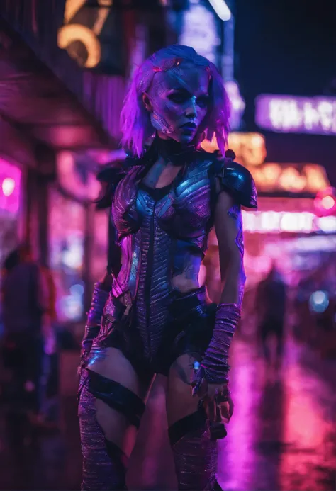 A powerful woman with purple skin and a muscular build stands confidently in a cyberpunk street scene. She is dressed in edgy, cyberpunk fashion, complete with neon accents and high-tech accessories. The bustling street around her is alive with giant digit...