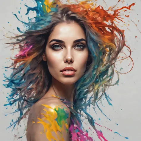 uma mulher com tinta colorida no rosto e no cabelo, gotejamento com cor, arte colorida bonita!, lindo arte digital, pintura de a...