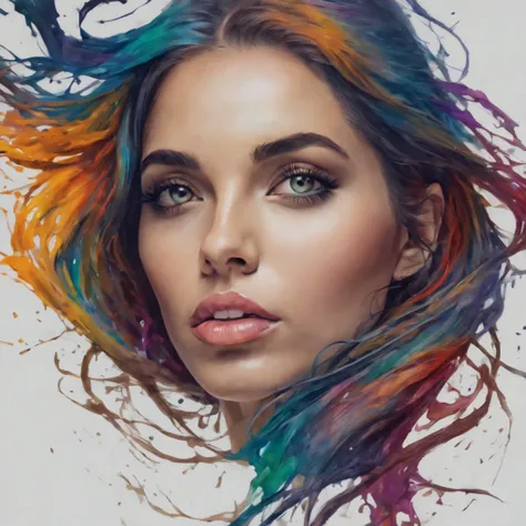 uma mulher com tinta colorida no rosto e no cabelo, gotejamento com cor, arte colorida bonita!, lindo arte digital, pintura de a...