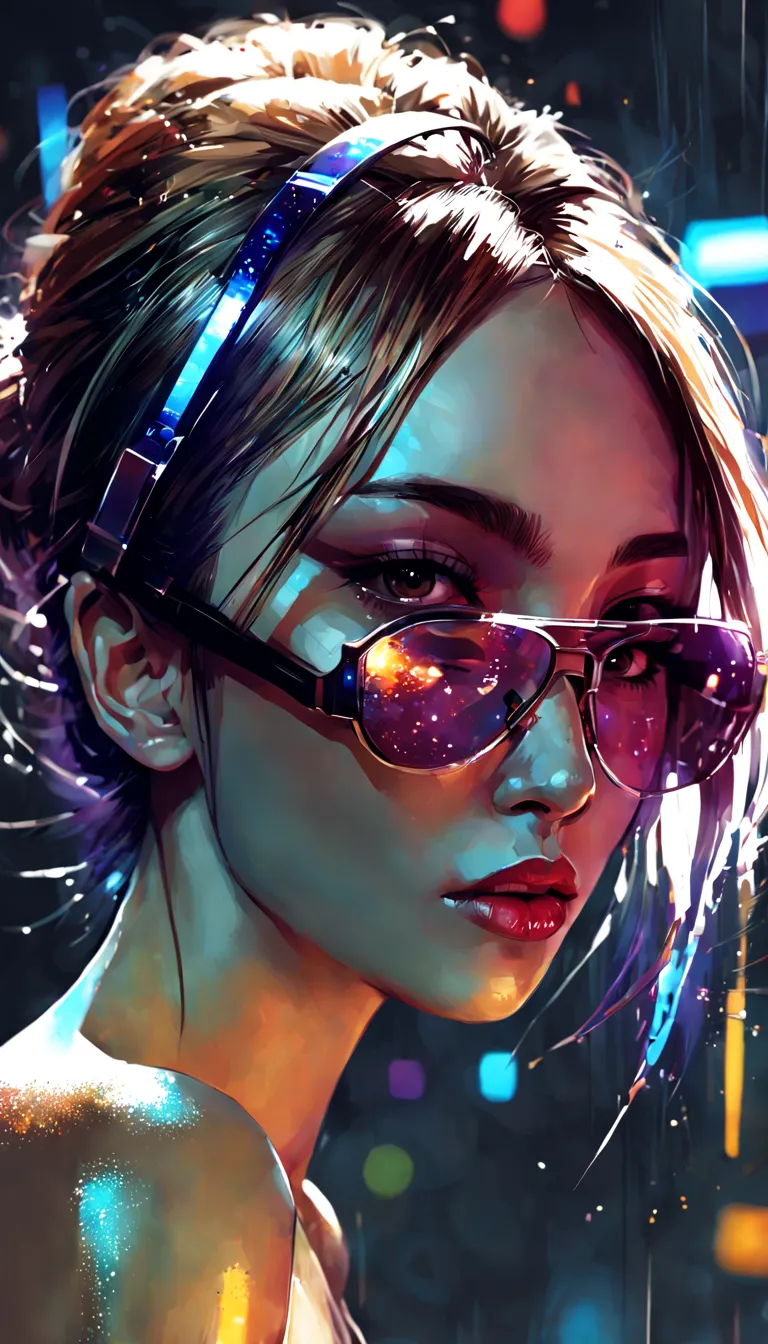 design a digital artwork featuring a futuristic femme fatale with sleek, reflective glass glasses and a smooth, high-tech textur...