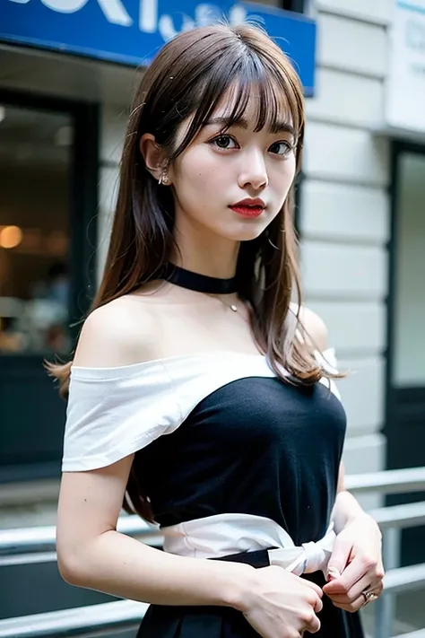 highest quality, ultra high resolution, (realistic: 1.4), 1 girl, off shoulder white shirt, black tight skirt, black choker, (faded ash gray hair: 1), (small: 1.2), look at the audience, close, nice (very long hair, amount: 1.2),