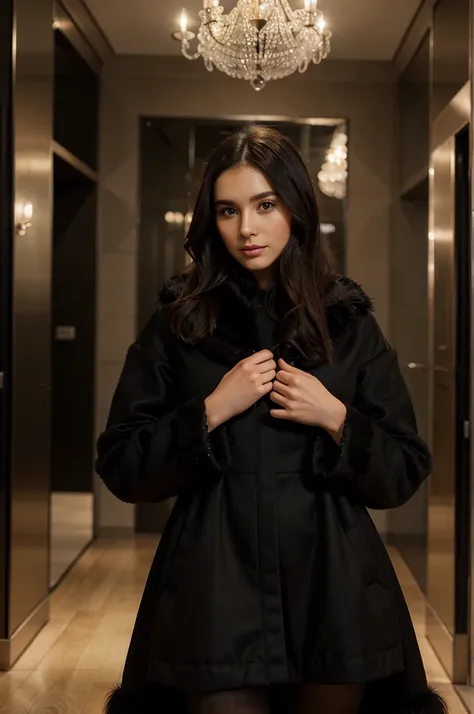 woman in a black dress paired with furry coat, cute, extremely detailed face, pretty face, solo, 25 years old, elegant pose